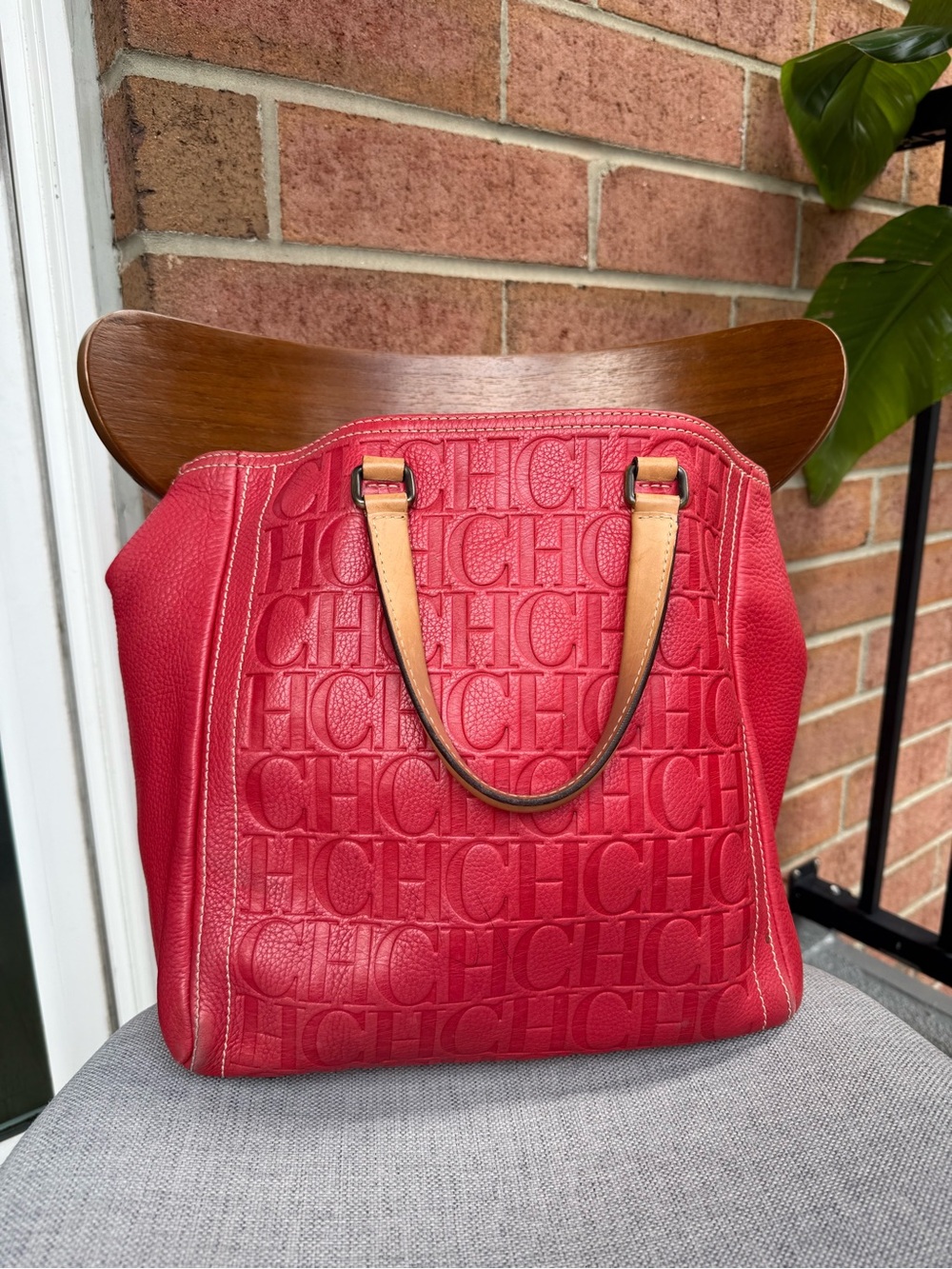 Carolina Herrera Red Leather CH Monogram Shopper Tote Bag w/ Dust Bag